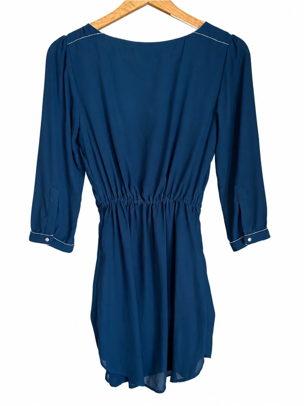 H&M Teal/Blue Dress, Self-Tie Waist, Beaded Neckline/Cuffs, Size 4 - Picture 3 of 8